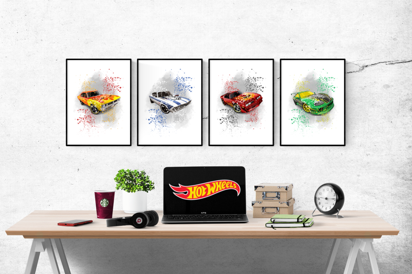 Hot Wheels Muscle Cars Watercolour Splash Second Set of 4 Prints Wall Art