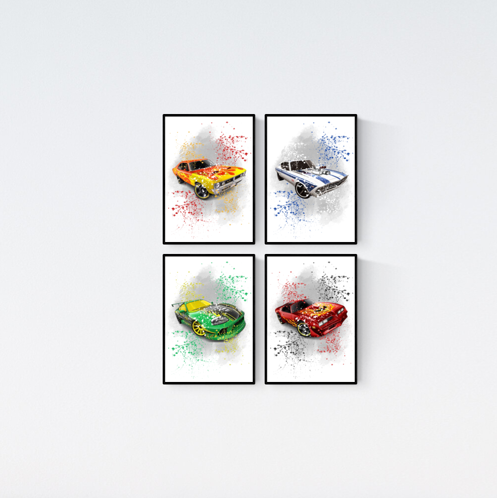 Hot Wheels Muscle Cars Watercolour Splash Second Set of 4 Prints Wall Art