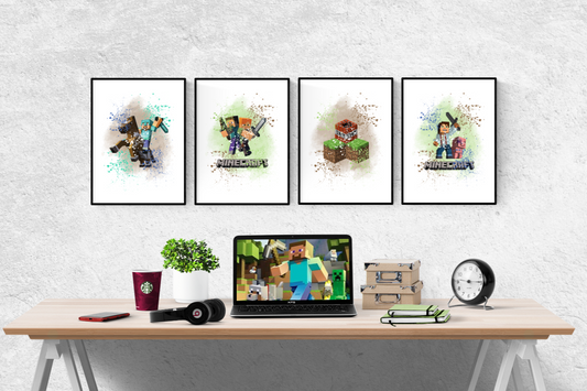 Minecraft Game Watercolour Splash Set of 4 Prints Wall Art