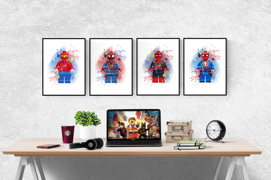 Marvel Lego Spiderman Watercolour Set of 4 Prints Wall Art