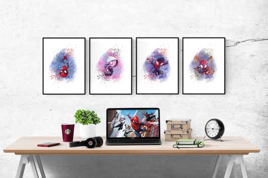 Marvel Spiderman Spider Verse Watercolour Splash Set of 4 Prints Wall Art