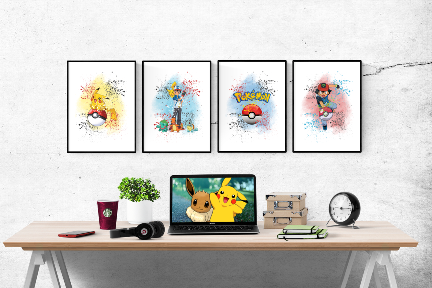 Pokemon Gaming Watercolour Splash Set of 4 Prints Wall Art