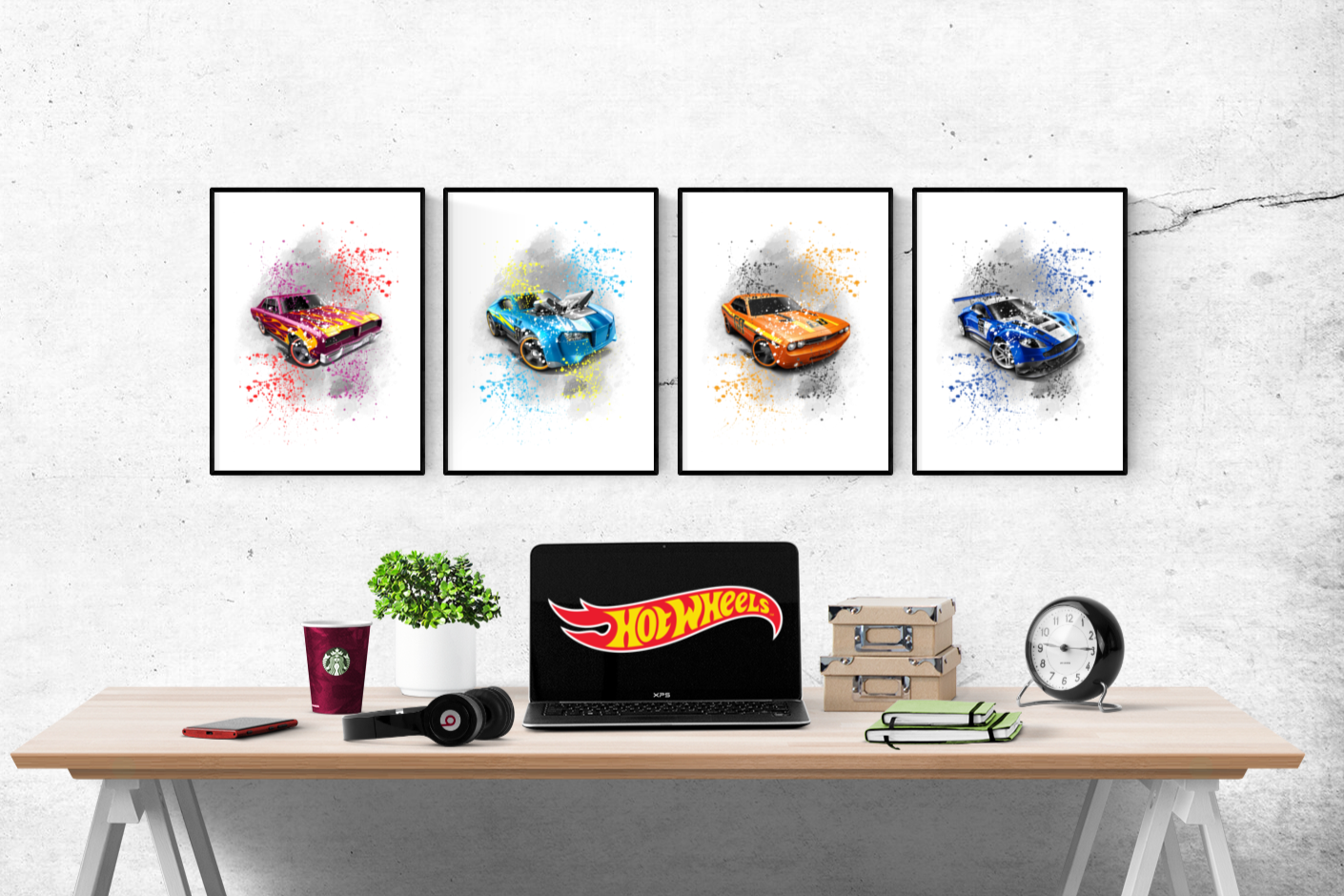 Hot Wheels Cars  Watercolour Splash Second Set of 4 Prints Wall Art