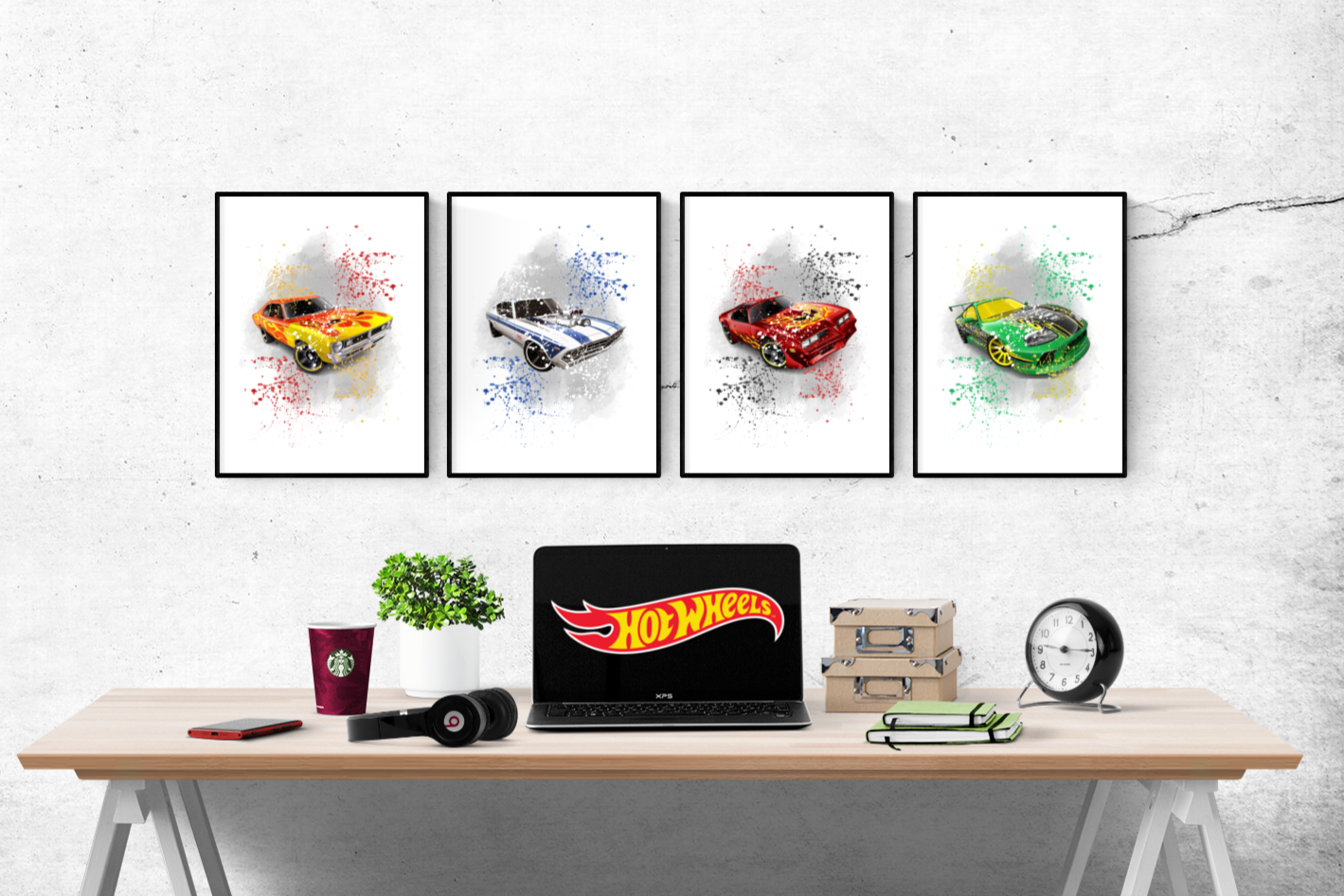 Hot Wheels Muscle Cars  Watercolour Splash Second Set of 4 Prints Wall Art