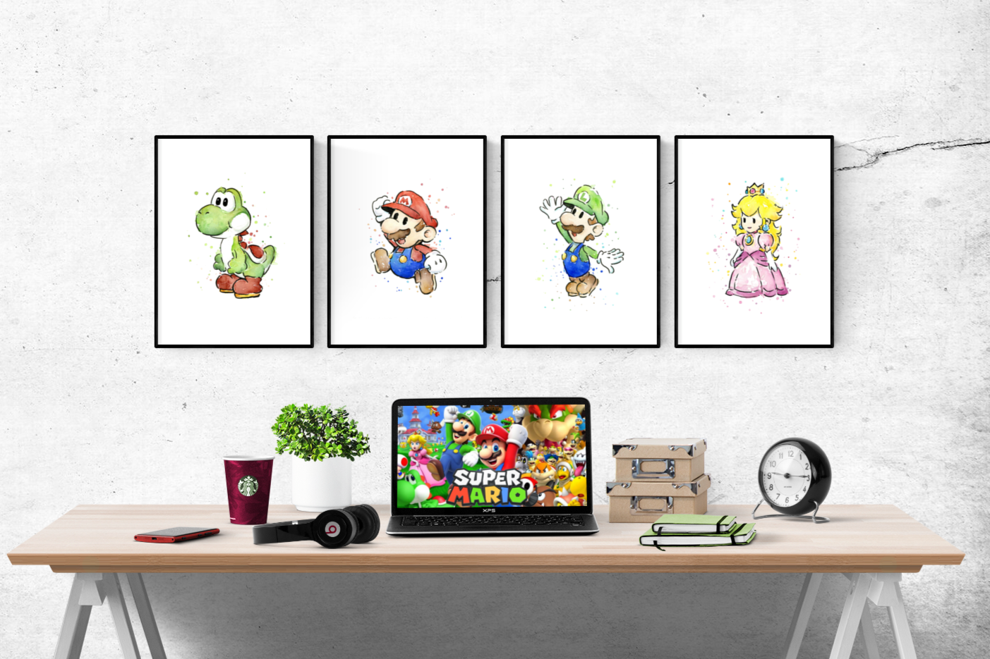 Super Mario Watercolour Set of 4 Prints Wall Art