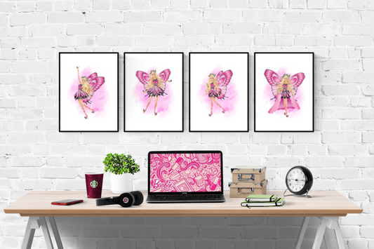 Barbie Fairy Watercolour Splash Set of 4 Prints Wall Art