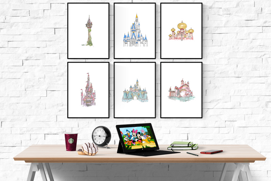 Disney Princess Castle Watercolour Set of 6 Prints Wall Art