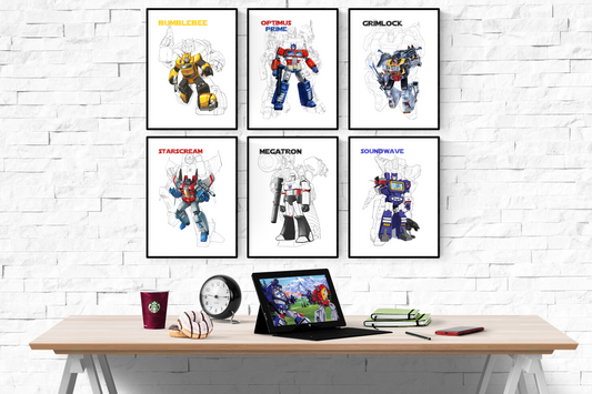 Transformers Cartoon Drawing Set of 6 Prints Wall Art