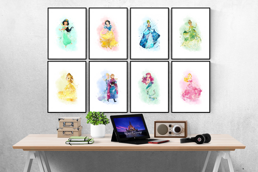 Disney Princess Watercolour Set of 8 Prints Wall Art