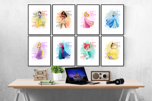 Disney Princess Watercolour Splash Set of 8 Prints Wall Art