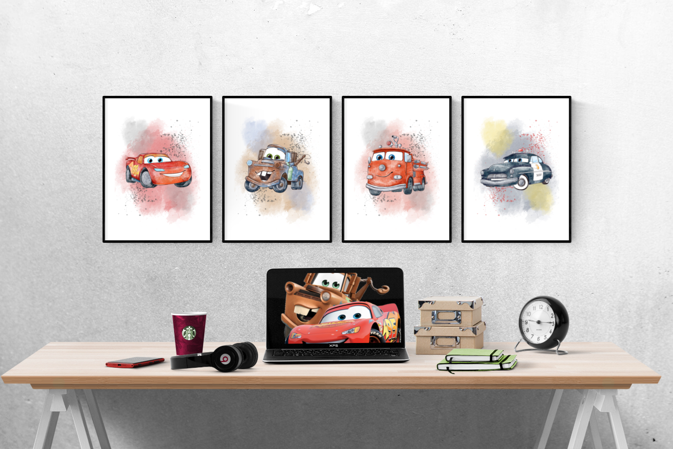 Disney Pixar Cars Watercolour Set of 4 Prints Wall Art