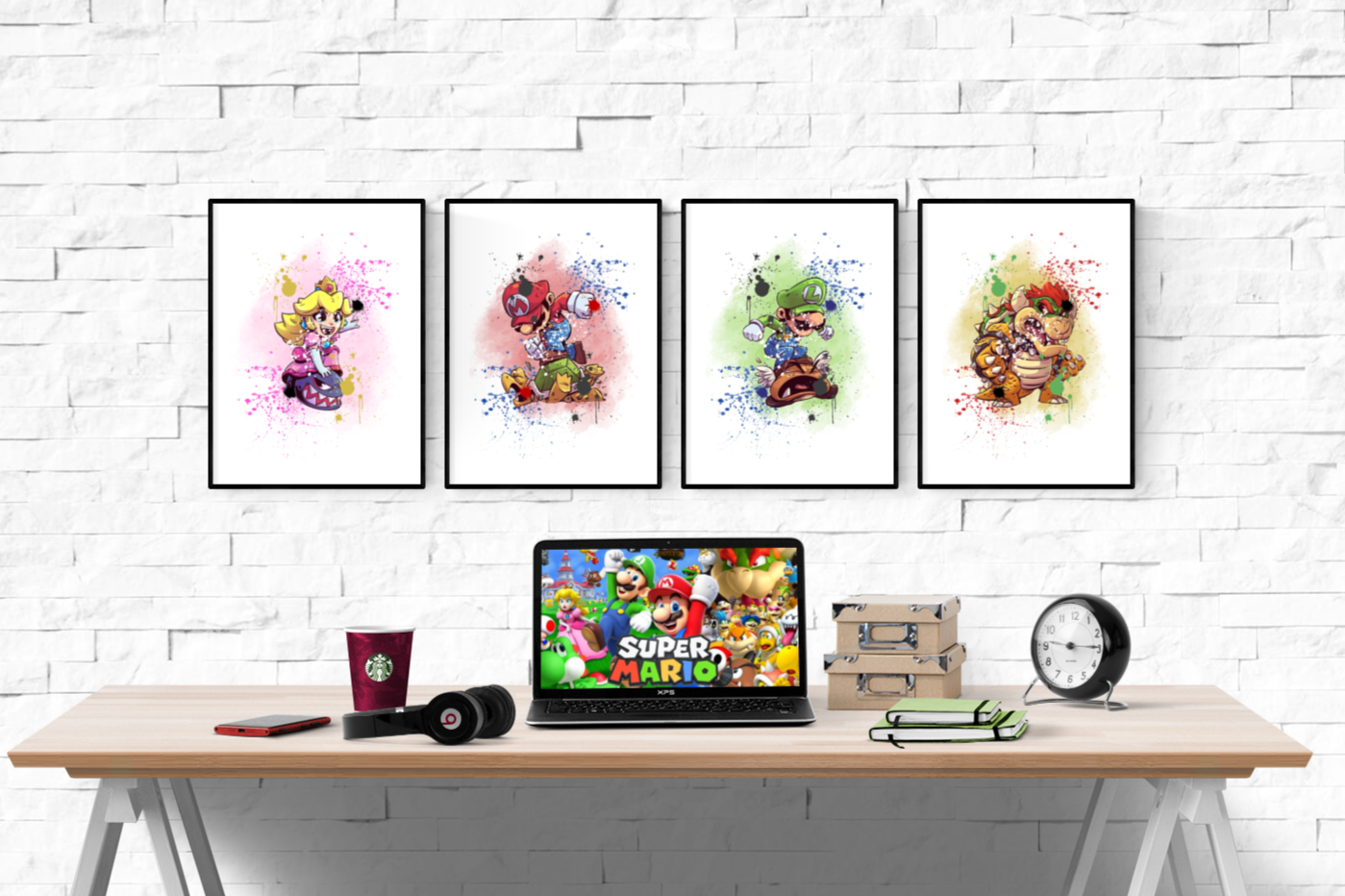 Super Mario Watercolour Splash Set of 4 Prints Wall Art