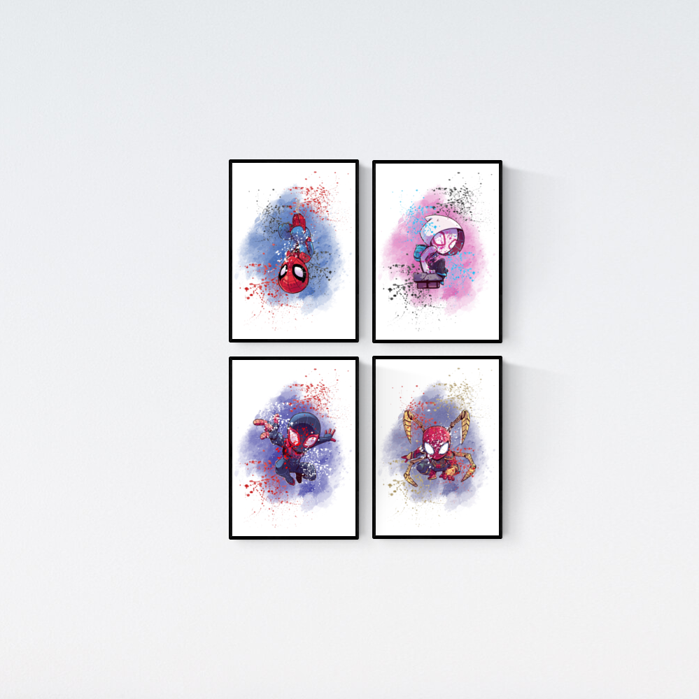 Marvel Spiderman Spider Verse Watercolour Splash Set of 4 Prints Wall Art