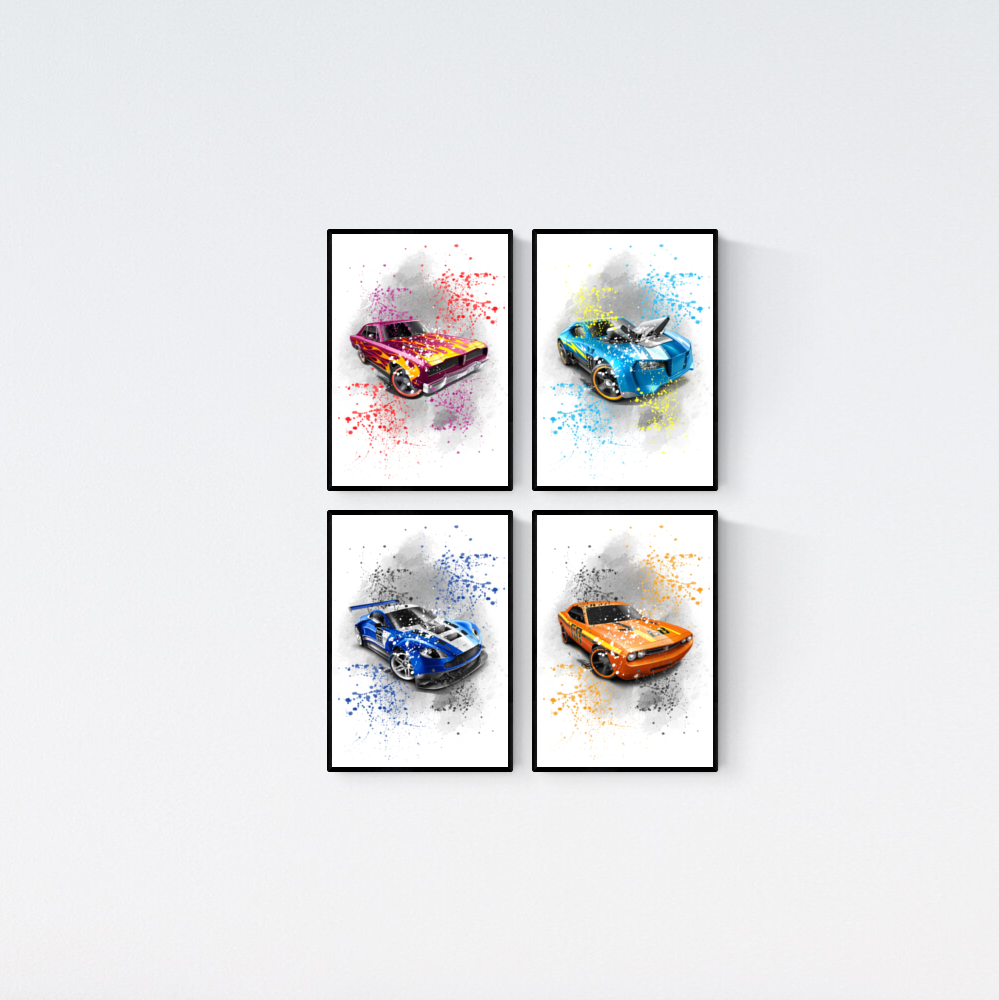 Hot Wheels Cars  Watercolour Splash Second Set of 4 Prints Wall Art