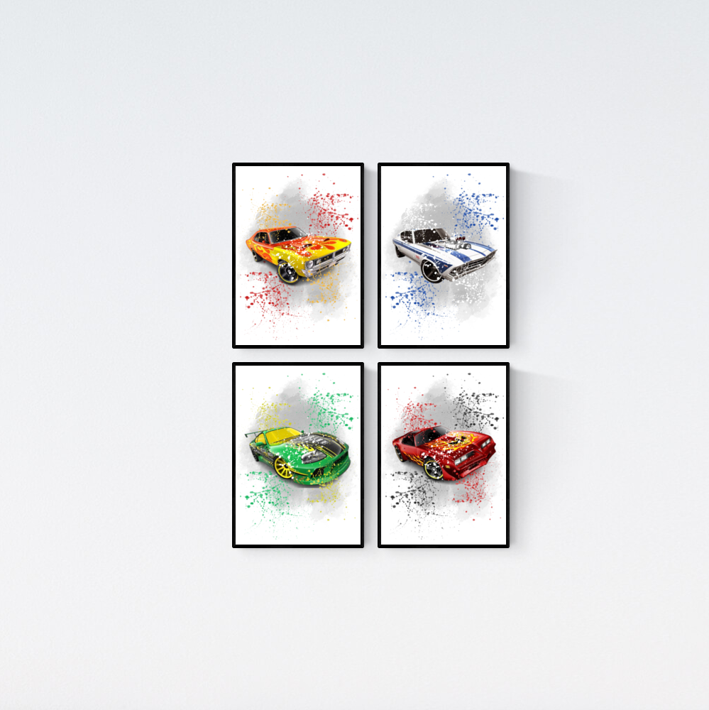 Hot Wheels Muscle Cars  Watercolour Splash Second Set of 4 Prints Wall Art