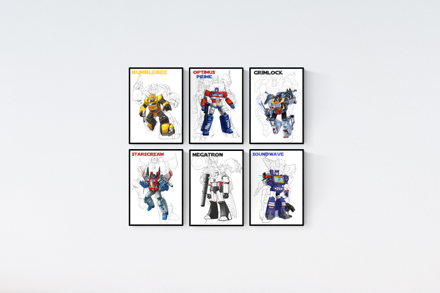 Transformers Cartoon Drawing Set of 6 Prints Wall Art